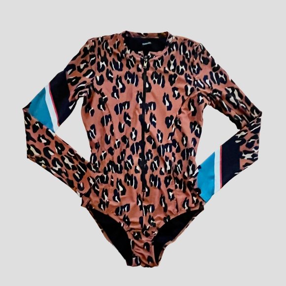 Rachel Comey Long Sleeve Leopard Print Stripe Accent Front Zip One Piece Swim - Picture 11 of 12